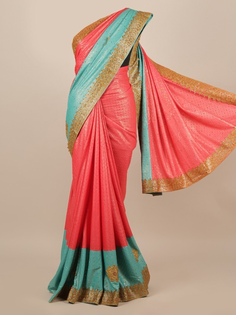 

Pothys Pink & Blue Embellished Zari Jute Silk Saree