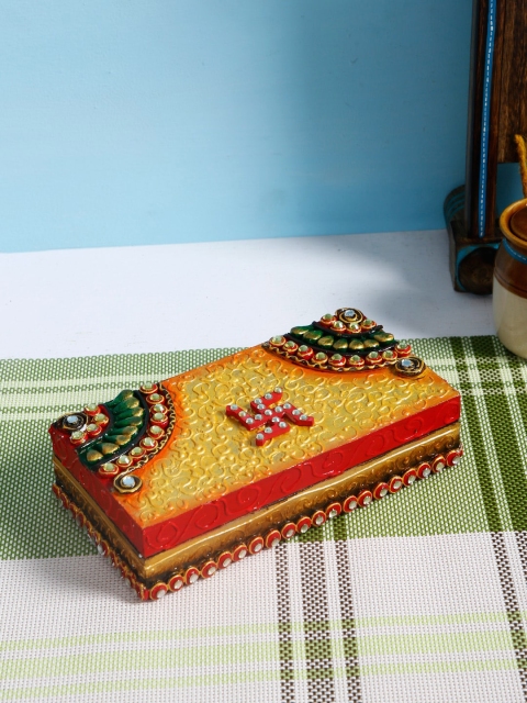 

Aapno Rajasthan Gold-Toned & Red Rectangle Clay Work Mini wood Chest With Swastika