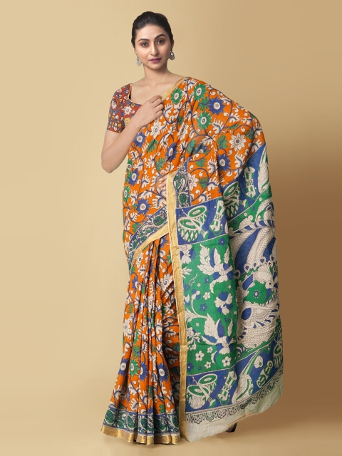

Unnati Silks Orange Kalamkari Pure Cotton Kanjeevaram Saree