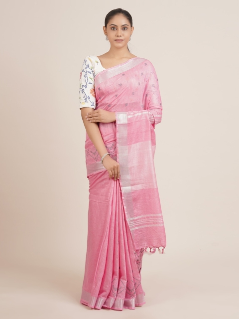 

Pothys Pink Embroidered Linen Blend Saree