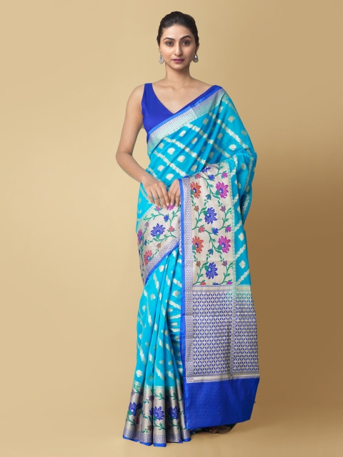 

Unnati Silks Blue Woven Design Zari Silk Cotton Heavy Work Banarasi Saree