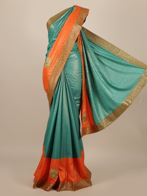 

Pothys Teal & Orange Colourblocked Jute Silk Saree