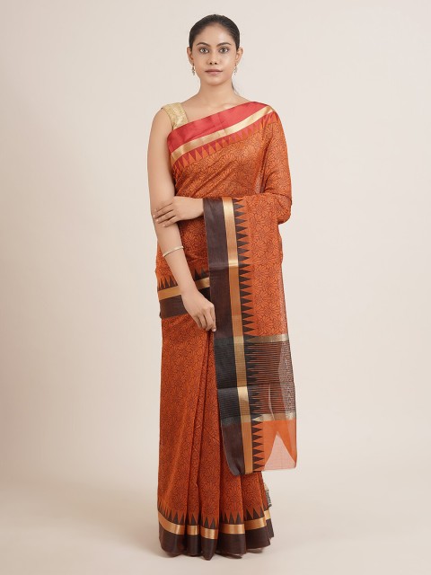 

Pothys Orange Ethnic Motifs Cotton Blend Chanderi Saree