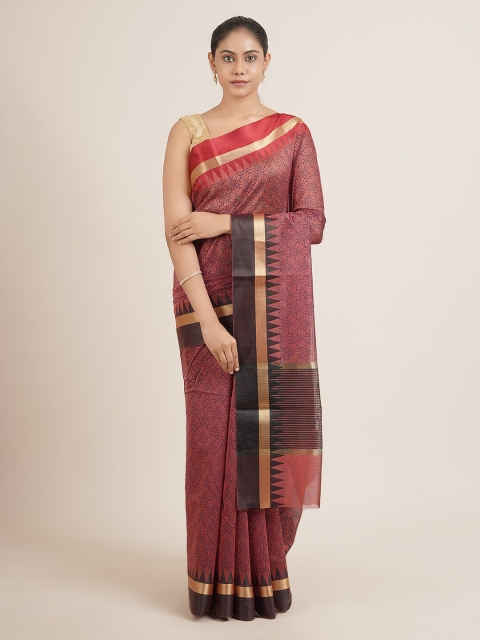

Pothys Maroon & Navy Blue Floral Zari Chanderi Saree