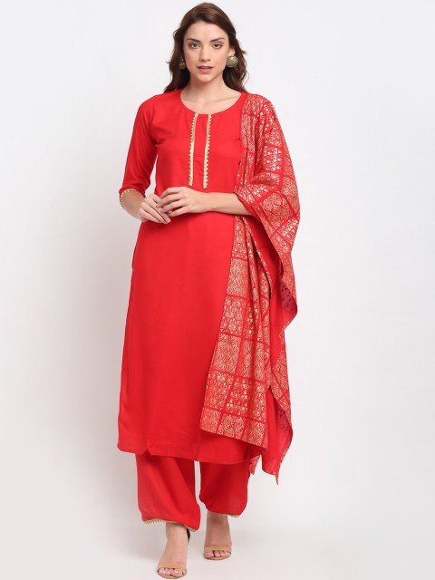 

GoSriKi Women Red Regular Straight Kurti with Palazzos & With Dupatta