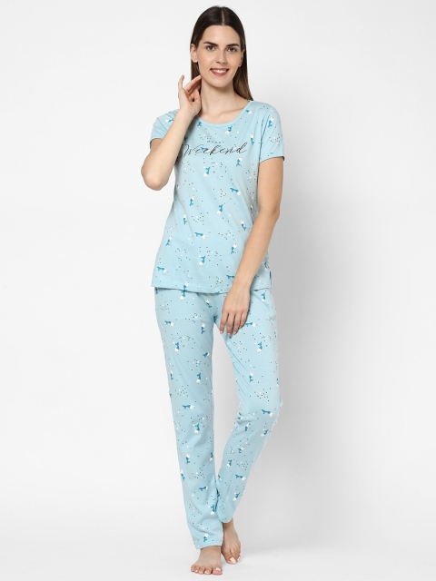 

Sweet Dreams Women Turquoise Blue & White Printed Night Suit