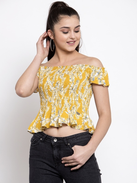 

Global Republic Yellow Floral Off-Shoulder Smocked Bardot Crop Top