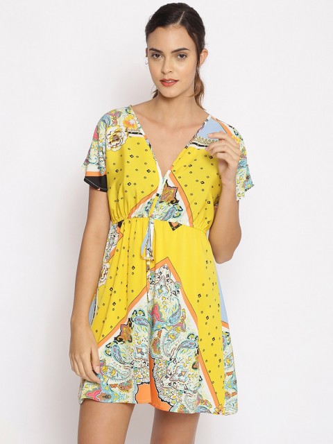 

Oxolloxo Women Yellow & Blue Bohemian Printed Beachwear Cover-Up Dress