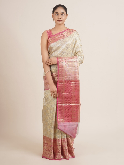 

Pothys Cream-Coloured & Pink Paisley Zari Tissue Saree