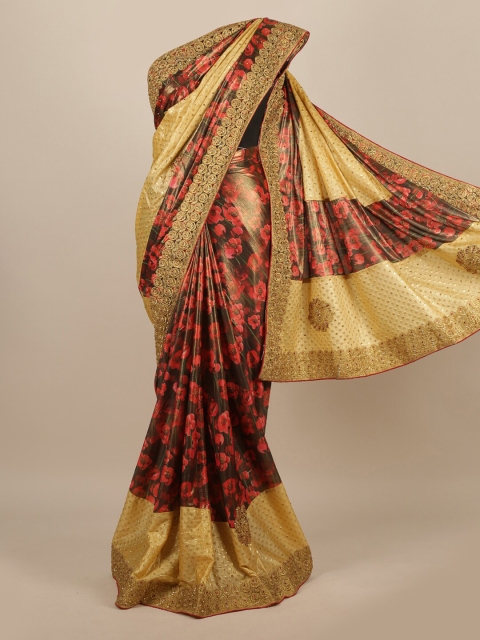 

Pothys Yellow & Red Floral Beads and Stones Jute Silk Heavy Work Saree
