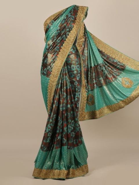 

Pothys Sea Green Floral Beads and Stones Jute Silk Heavy Work Saree