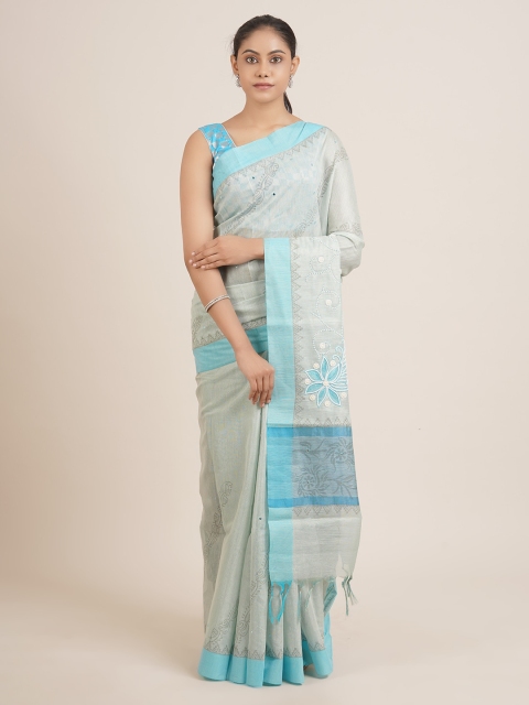 

Pothys Blue & Off White Embellished Mirror Work Tissue Saree