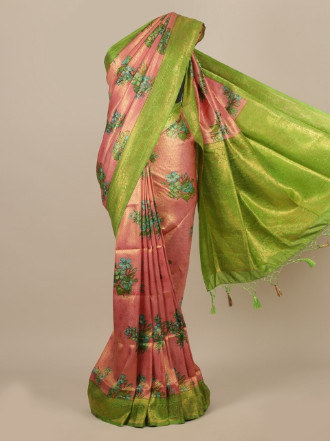 

Pothys Peach-Coloured & Green Floral Jute Silk Saree