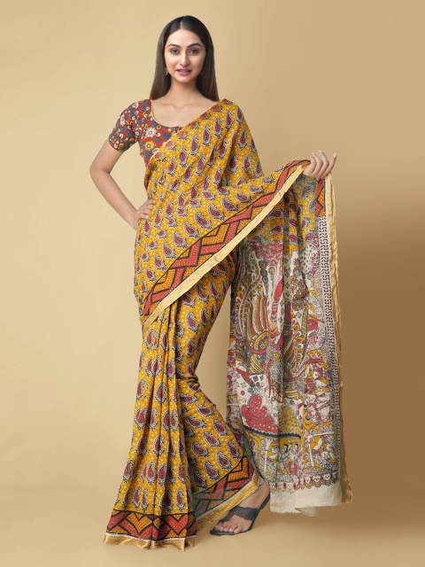

Unnati Silks Yellow & Pink Kalamkari Pure Cotton Saree Kanjeevaram