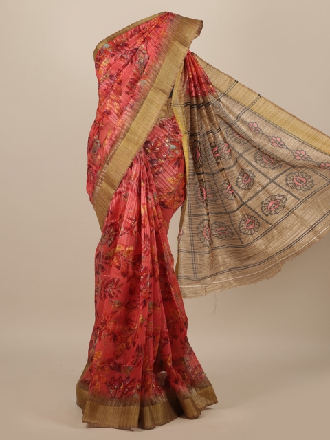

Pothys Pink & Olive Floral Jute Silk Saree
