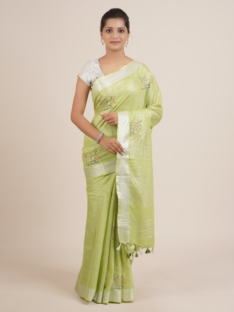 

Pothys Green Ethnic Motifs Embroidered Pure Linen Saree