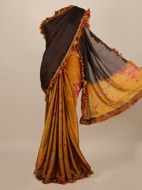

Pothys Mustard & Brown Colourblocked Poly Chiffon Saree