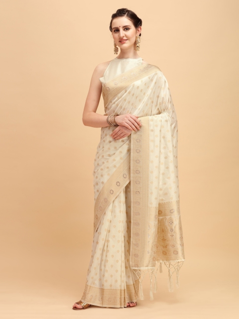 

House of Pataudi Cream-Coloured & Golden Ethnic Motifs Zari Jashn Saree