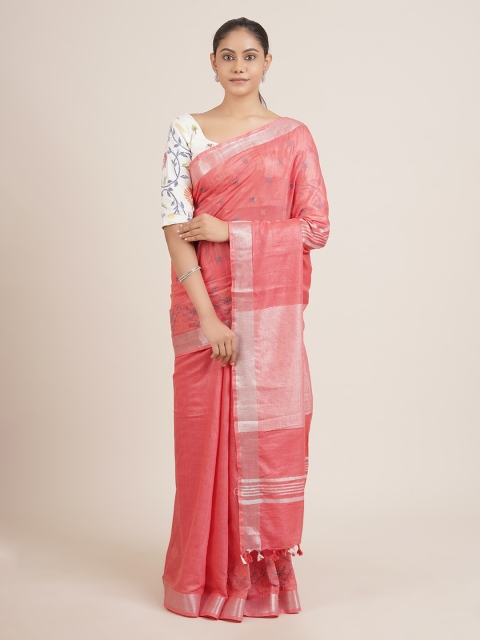 

Pothys Peach-Coloured & Silver-Toned Woven Design Zari Linen Blend Saree
