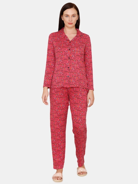 

Zivame Women Red & Black Printed Night Suit