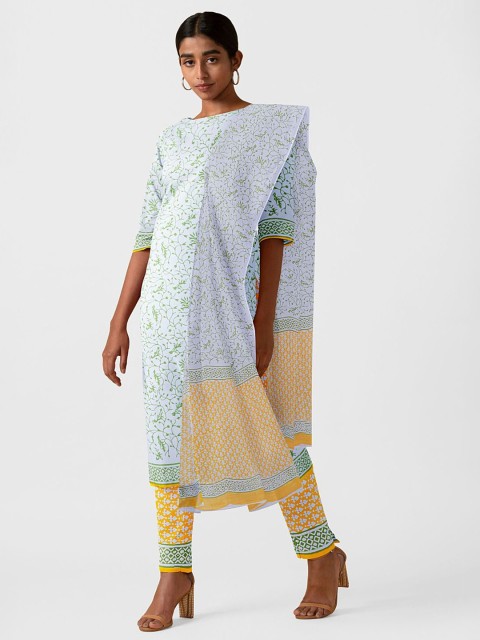 

Taneira White & Green Printed Pure Cotton Unstitched Dress Material