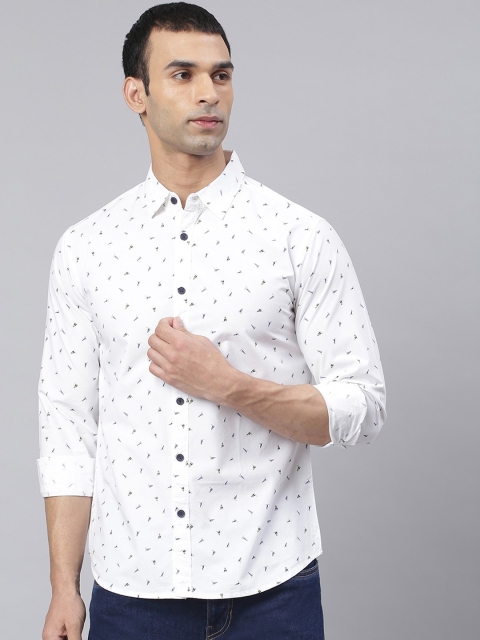 Dennis Lingo Men White Comfort Slim Fit Printed Pure Cotton Casual Shirt