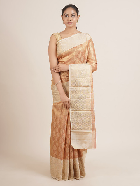 

Pothys Copper-Toned & Cream-Coloured Ethnic Motifs Zari Tissue Saree