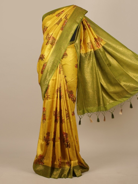 

Pothys Yellow & Green Floral Zari Jute Silk Saree