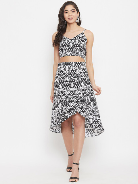 

SECRETS BY ZEROKAATA Women White & Black Printed Top with Skirt