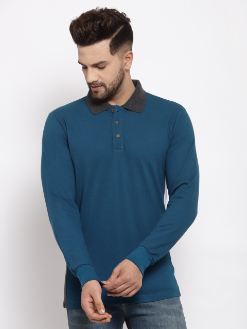 

Kalt Men Teal Blue Solid Polo Collar T-shirt