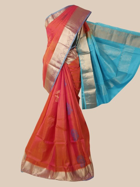 

Pothys Orange & Blue Ethnic Motifs Zari Pure Silk Saree Kanjeevaram