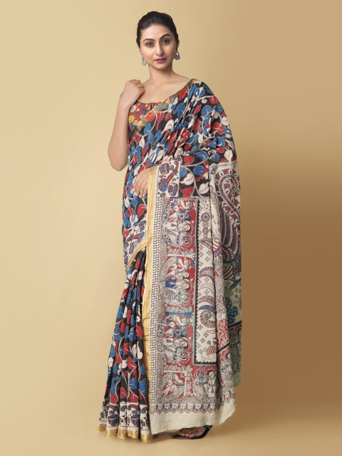 

Unnati Silks Black & Blue Kalamkari Pure Cotton Kanjeevaram Saree