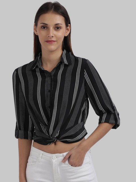 

Parx Black & Off White Striped Shirt Style Crop Top
