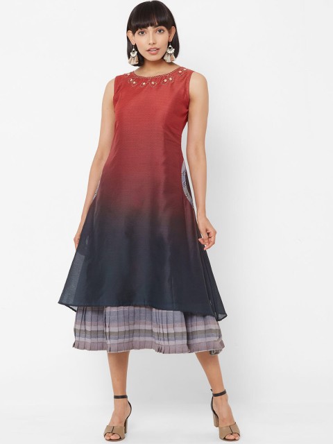 

ZOLA Red & Blue Embroidered Layered A-Line Midi Dress