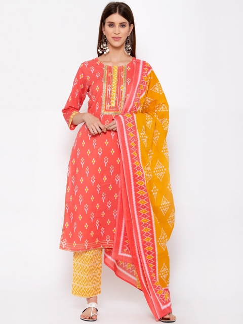

Yuris Women Coral Pink Floral Printed Pure Cotton Kurta with Trousers & With Dupatta