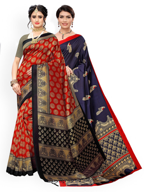 

KALINI Pack of 2 Red & Navy Blue Ethnic Motifs Art Silk Saree
