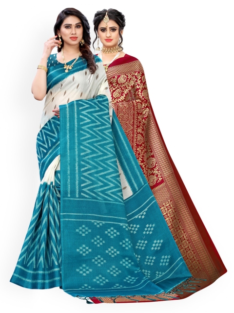 

KALINI Turquoise Blue & Maroon Pack of 2 Ethnic Motifs Art Silk Sarees