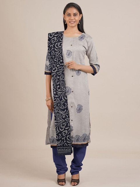 

Pothys Grey & Navy Blue Printed Unstitched Dress Material