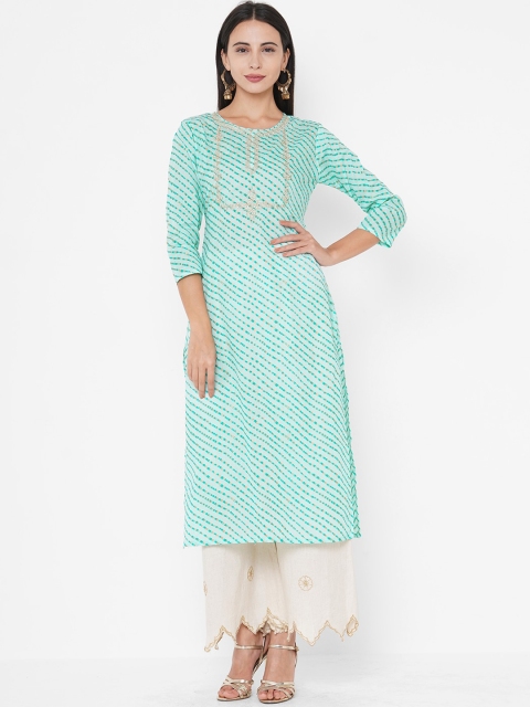 

FASHOR Women Green Leheriya Striped Cotton Kurta