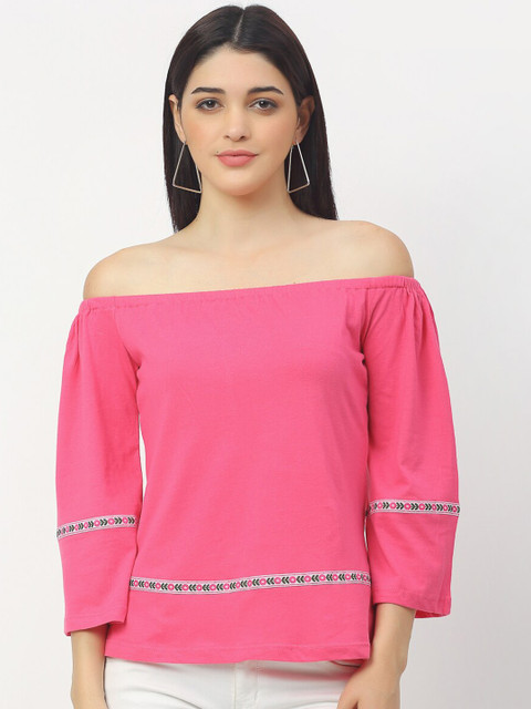 

Rigo Women Pink Striped Off-Shoulder Placement Print Bardot Top