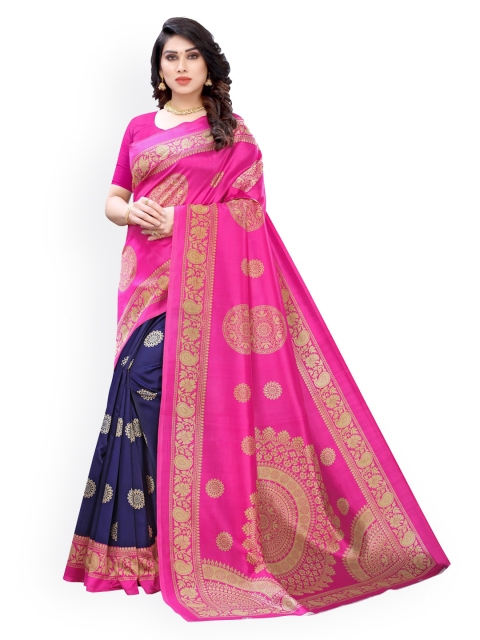 

KALINI Pink & Navy Blue Colourblocked Zari Half and Half Saree