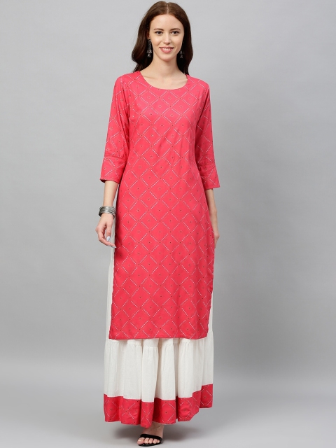kipek Women Pink & White Bandhani Printed Kurta with Skirt