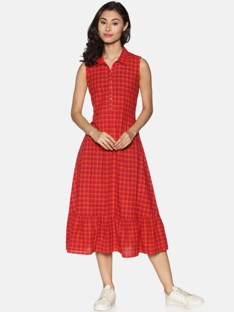 

Saffron Threads Red Checked A-Line Midi Dress