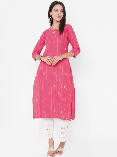 

FASHOR Women Pink & Yellow Embroidered Keyhole Neck Kantha Work A-Line Cotton Kurta