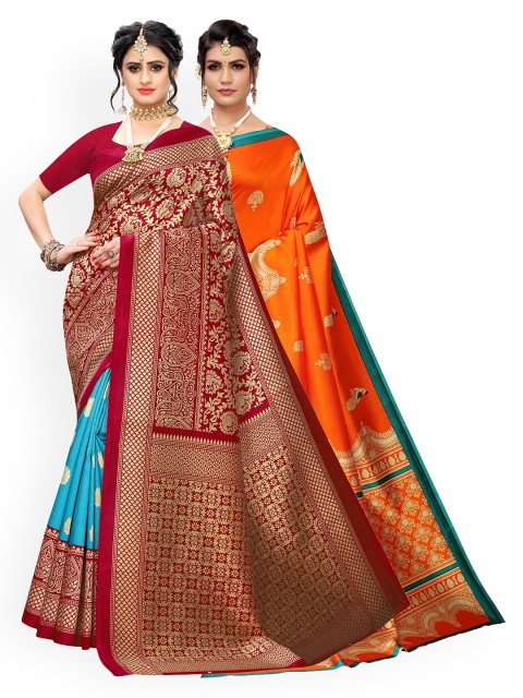 

KALINI Pack Of 2 Red & Orange Ethnic Motifs Zari Art Silk Sarees