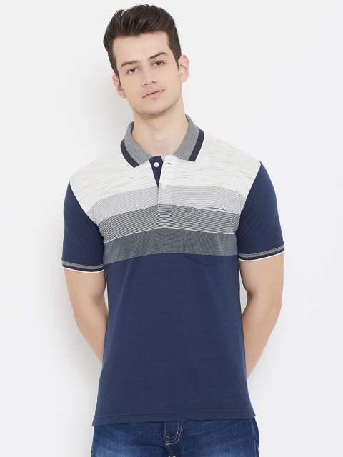 

Duke Men Blue & White Striped Polo Collar T-shirt