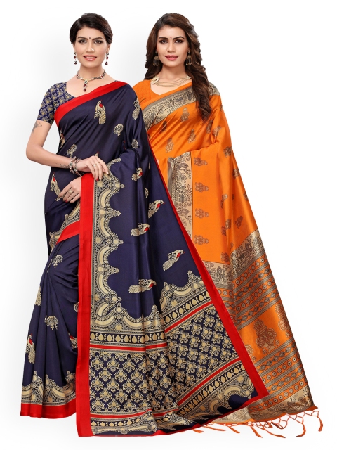

KALINI Pack Of 2 Orange & Navy Blue Ethnic Motifs Zari Art Silk Sarees