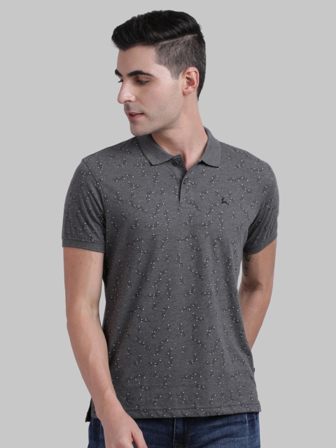 

Parx Men Charcoal Grey & White Floral Printed Polo Collar T-shirt