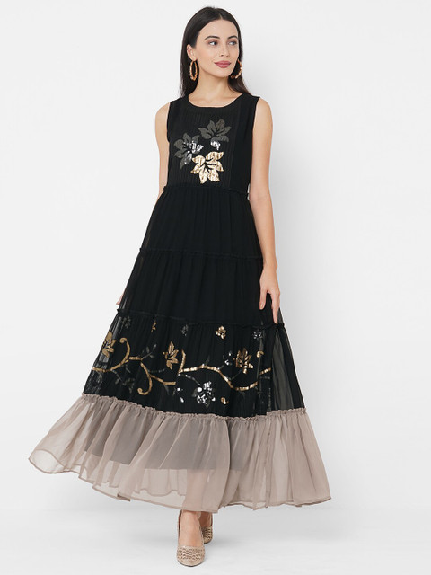 

FASHOR Black Floral Embroidered Georgette Maxi Dress