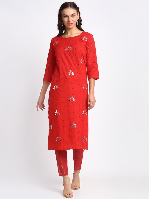 

REME Women Red Ethnic Motifs Embroidered Thread Work Kurta
